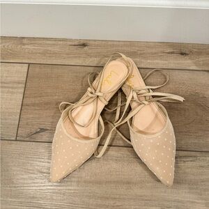 Lulu’s Nude Mesh Polka Dot Pointy Toe Lace Up Flats Size 8.5